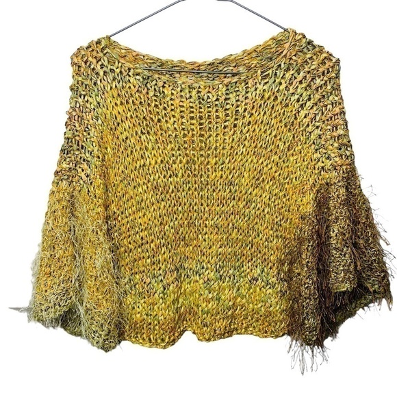 Hand Crafted Boho Yellow Fabric Knit Cropped Sweater Wide Sleeves Fuzzy Top O/S - Picture 8 of 9